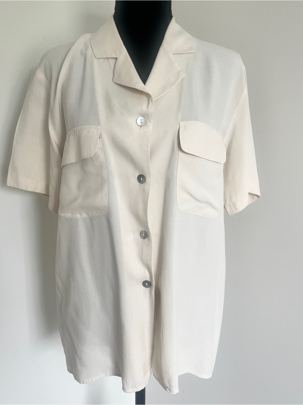 Silk House Ivory Silk Button Front Blouse Sz S Vintage Minimalist Pocket Top